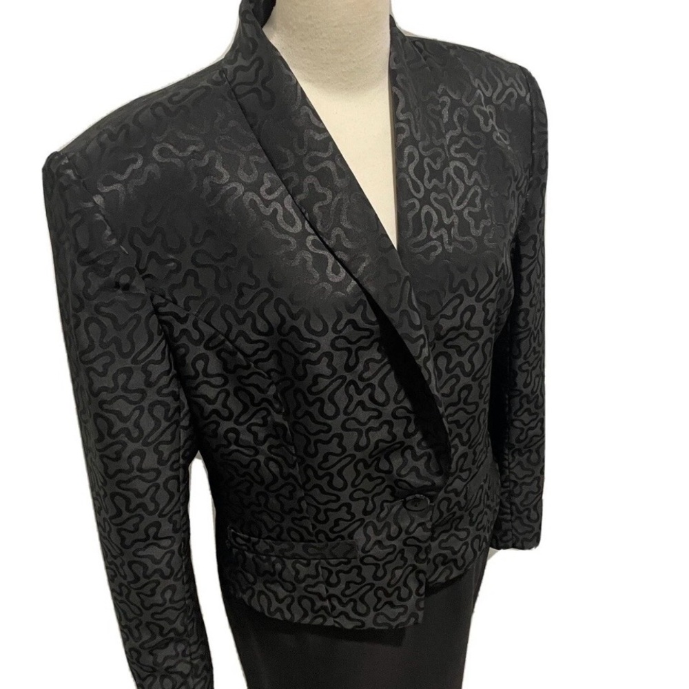 Vintage 80s Counterparts Black Satin Jacquard Evening Jacket Shawl Collar 8 - Picture 1 of 11